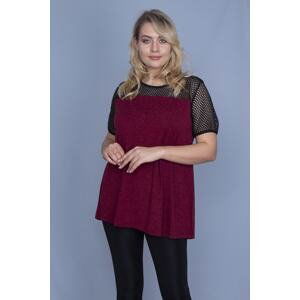 Şans Women's Plus Size Burgundy Roba Fishnet Lace Detailed Low Sleeve Blouse