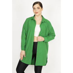 Şans Women's Green Plus Size Front Buttoned Hem Oval Cut Long Shirt