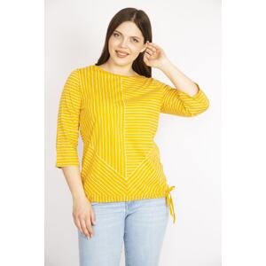 Şans Women's Yellow Plus Size Cotton Fabric Stripe Combine Lace-Up Blouse