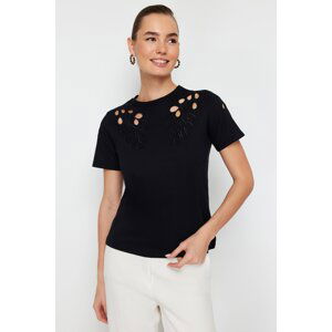 Trendyol Black Brode Embroidered Basic/Regular Fit Knitted T-Shirt