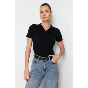 Trendyol Black Polo Neck Buttoned Short Sleeve Stretchy Ribbed Knitted Blouse