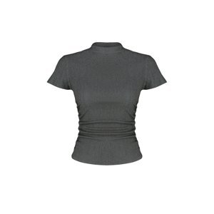 Trendyol Anthracite High Neck Short Sleeve Gathered Detail Elastic Knitted Blouse