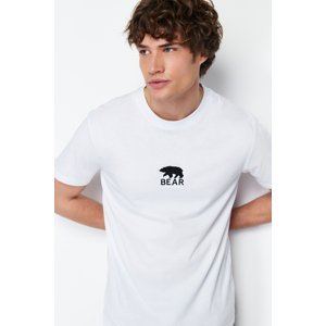 Trendyol White Regular/Regular Cut Bear/Animal Embroidery 100% Cotton Short Sleeve T-Shirt