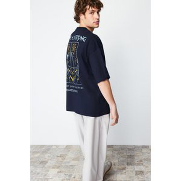 Trendyol Navy Blue Men's Oversize/Wide Cut Mystic Printed 100% Cotton Short Sleeve T-Shirt