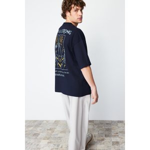 Trendyol Navy Blue Oversize/Wide Cut Mystic Printed 100% Cotton Short Sleeve T-Shirt