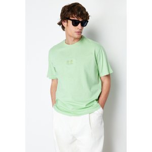 Trendyol Mint Relaxed/Comfortable Cut Text Embroidery Short Sleeve 100% Cotton T-Shirt