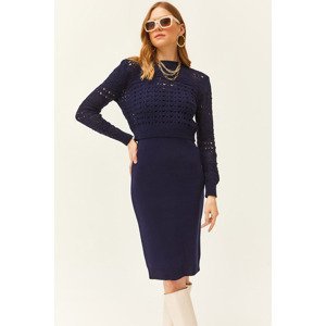 Olalook Women's Navy Blue Thin Strappy Knitwear Dress Openwork Sweater Suit