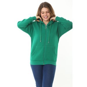 Şans Women's Plus Size Green Inner Raised 3 Thread Front Zipper Hooded Sweatshirt