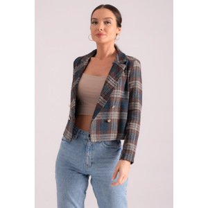 armonika Women's Oil Double Breasted Collar Plaid Pattern Cachet Crop Jacket