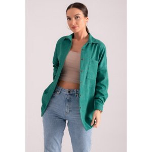 armonika Women's Dark Green Pocket Oversize Slim Ribbed Velvet Shirt