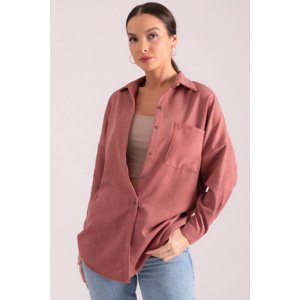 armonika Women's Pale Pink Pocket Oversize Slim Ribbed Velvet Shirt