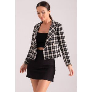 armonika Women's Black and White Double Breasted Collar Tweed Crop Jacket