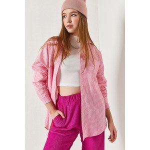 armonika Women's Pink Square Pattern Oversize Long Basic Shirt