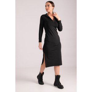 armonika Women's Black Fitted Shirt Collar Long Sleeve Dress