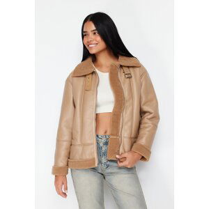 Trendyol Beige Plush Detailed Faux Leather Coat