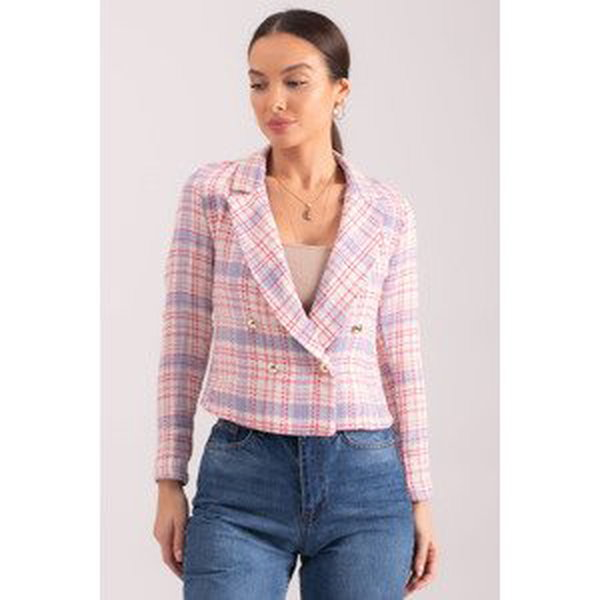 armonika Women's Light Pink Double Breasted Collar Tweed Crop Jacket