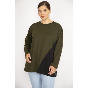 Şans Women's Plus Size Khaki Color Combination Long Sleeve Tunic