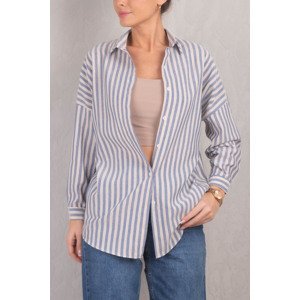 armonika Women's Navy Blue Striped Oversize Long Basic Shirt