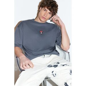 Trendyol Anthracite Oversize Mushroom Embroidery 100% Cotton T-Shirt