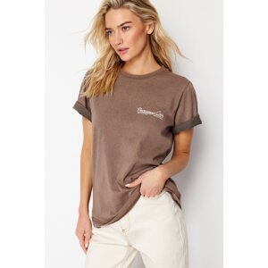 Trendyol Brown Faded Effect Printed Basic Knitted T-Shirt