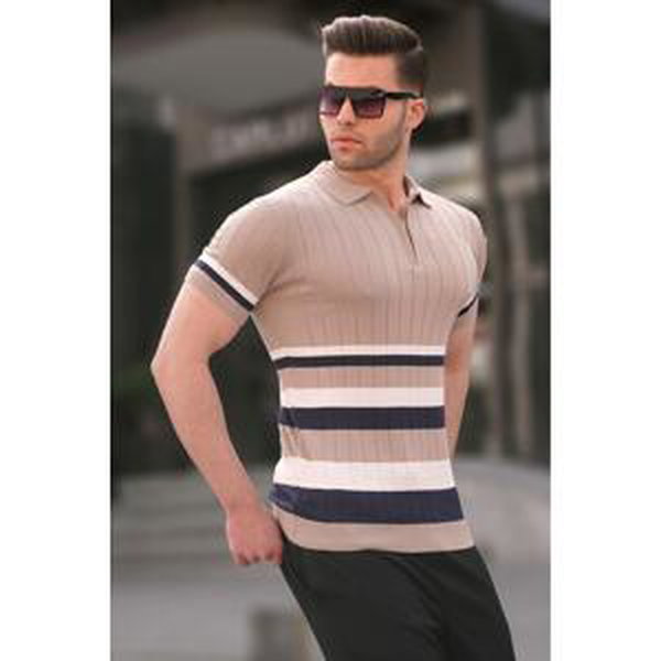 Madmext Striped Knitwear Mink Polo Neck T-Shirt 6356