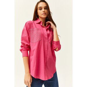 Olalook Women's Fuchsia Pocket & Staple Detailed Oversize Shirt