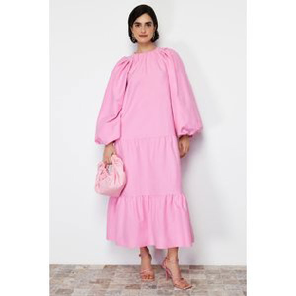 Trendyol Pink Balloon Sleeve Skirt Layered Cotton Woven Dress