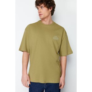 Trendyol Khaki Oversize/Wide Cut Fluffy Text Printed 100% Cotton T-Shirt