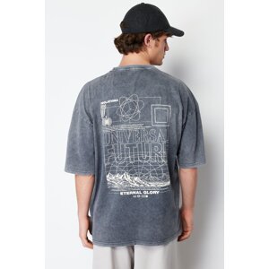 Trendyol Anthracite Oversize/Wide-Fit Faded Effect Text Printed 100% Cotton T-Shirt