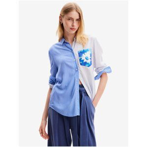 Women's White and Blue Striped Shirt Desigual Flower Pocket - Women