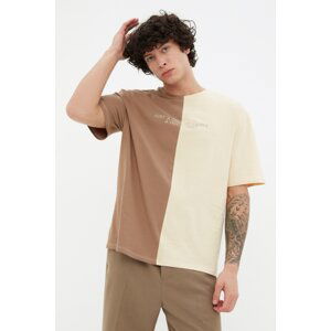 Trendyol hnedé pánske oversize/wide cut crew tričko s krátkym rukávom bloky