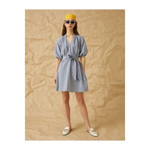 Koton Belt Detail Short Balloon Sleeves Standing Collar Striped Dress