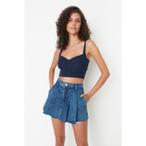 Trendyol Blue Pleated Normal Waist Denim Shorts Skirt