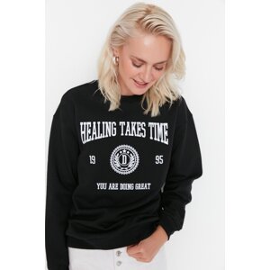 Trendyol Black Loose Printed Thick Knitted Sweatshirt