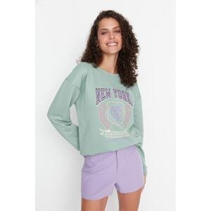 Trendyol Mint Loose Printed Thick Knitted Sweatshirt