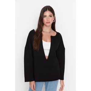 Trendyol Black V-Neck Loose Thick Fleece Inside Knitted Sweatshirt