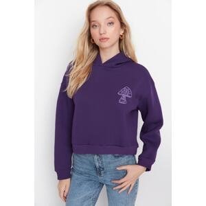 Trendyol Purple Loose Fit Printed Hooded Fleece Thick Thick Fleece Knitted Sweatshirt