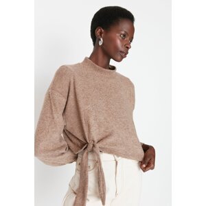 Trendyol Brown Brushed Camisole Tie Detail Loose Crop Knitted Sweatshirt