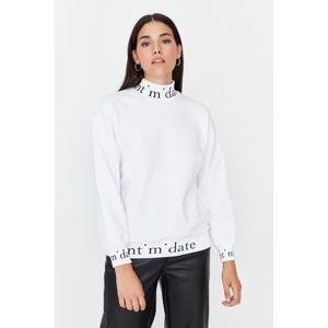 Trendyol White High Neck Loose Printed Thick Knitted Sweatshirt