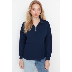 Trendyol Navy Blue Pocket Detailed Zipper Thin Knitted Sweatshirt