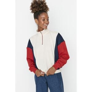 Trendyol Red Color Block Zipper Thin Basic Knitted Sweatshirt