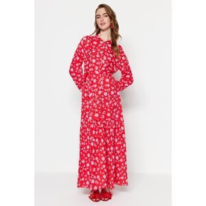 Trendyol Red Floral Pattern Belted 100% Viscose Half Pat Woven Dress