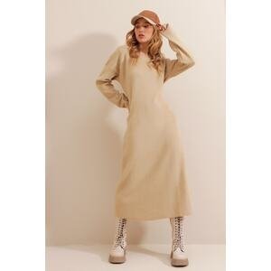 Trend Alaçatı Stili Women's Beige Boat Neck Wool Effect Knitwear Dress