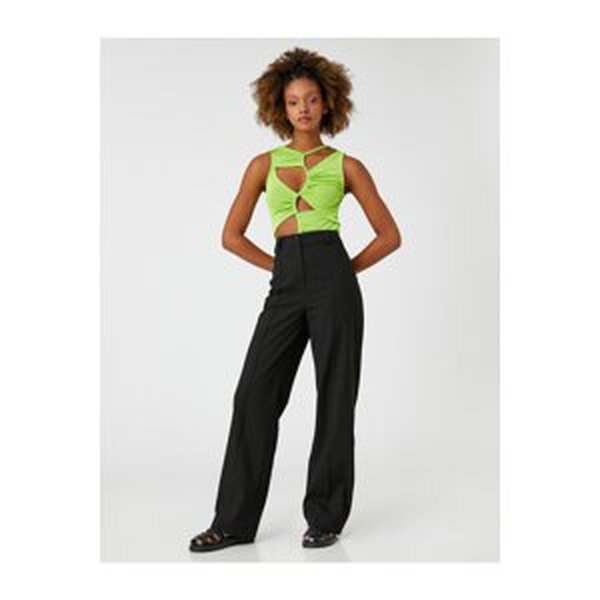 Koton Fabric Trousers Wide Leg High Waist Ribbed Front.