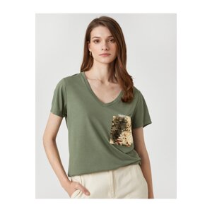 Koton Sequin Embroidered T-Shirt Short Sleeve V-Neck