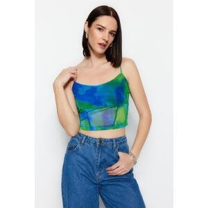 Trendyol Green Patterned Fitted Strap Crop Tulle Stretchy Knitted Blouse