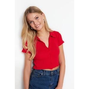 Trendyol Red Button Detailed Fitted Crop Polo Neck Ribbed Stretchy Knitted Blouse