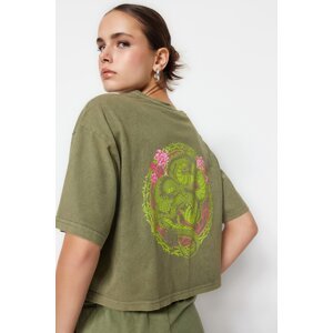 Trendyol Khaki 100% Cotton Faded Effect Back Printed Crop Crew Neck Knitted T-Shirt