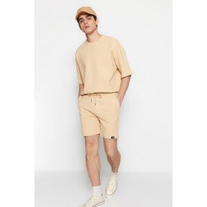 Trendyol Limited Edition Beige Regular 100% Cotton Label Detail Textured Shorts