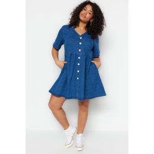 Trendyol Curve Blue Open Waist/Skater V-Neck Denim Dress